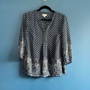 Charter Club Paisley Blouse Women's Size 6 Petite Blue Hippie Peasant Boho Fairy